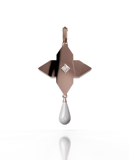 Golden Tear Cross Pendant – 18K Gold, Diamond & Pearl