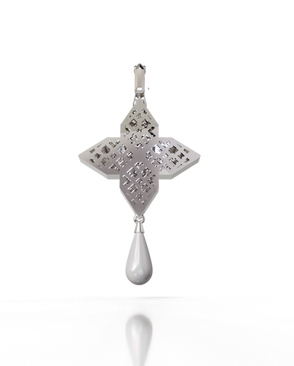 Golden Tear Cross Pendant – 18K Gold, Diamond & Pearl