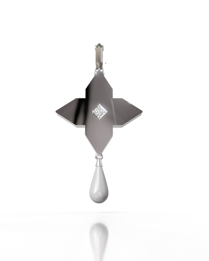 Golden Tear Cross Pendant – 18K Gold, Diamond & Pearl