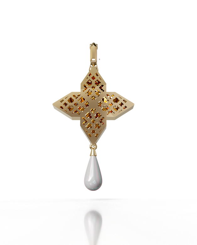 Golden Tear Cross Pendant – 18K Gold, Diamond & Pearl