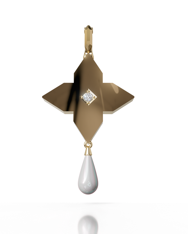 Golden Tear Cross Pendant – 18K Gold, Diamond & Pearl