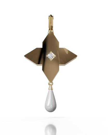 Golden Tear Cross Pendant – 18K Gold, Diamond & Pearl