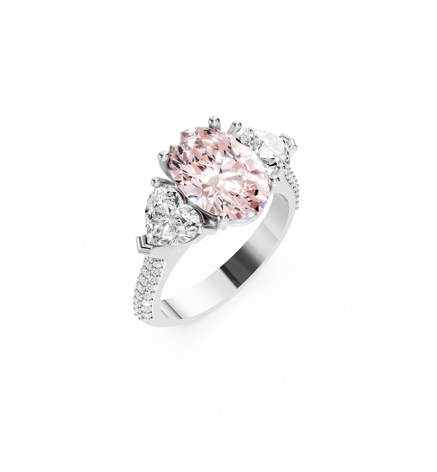 Bespoke 2.01ct oval lab-grown fancy intense pink diamond trilogy engagement ring with heart-cut diamond side stones on a tapered pavé 18K white gold band