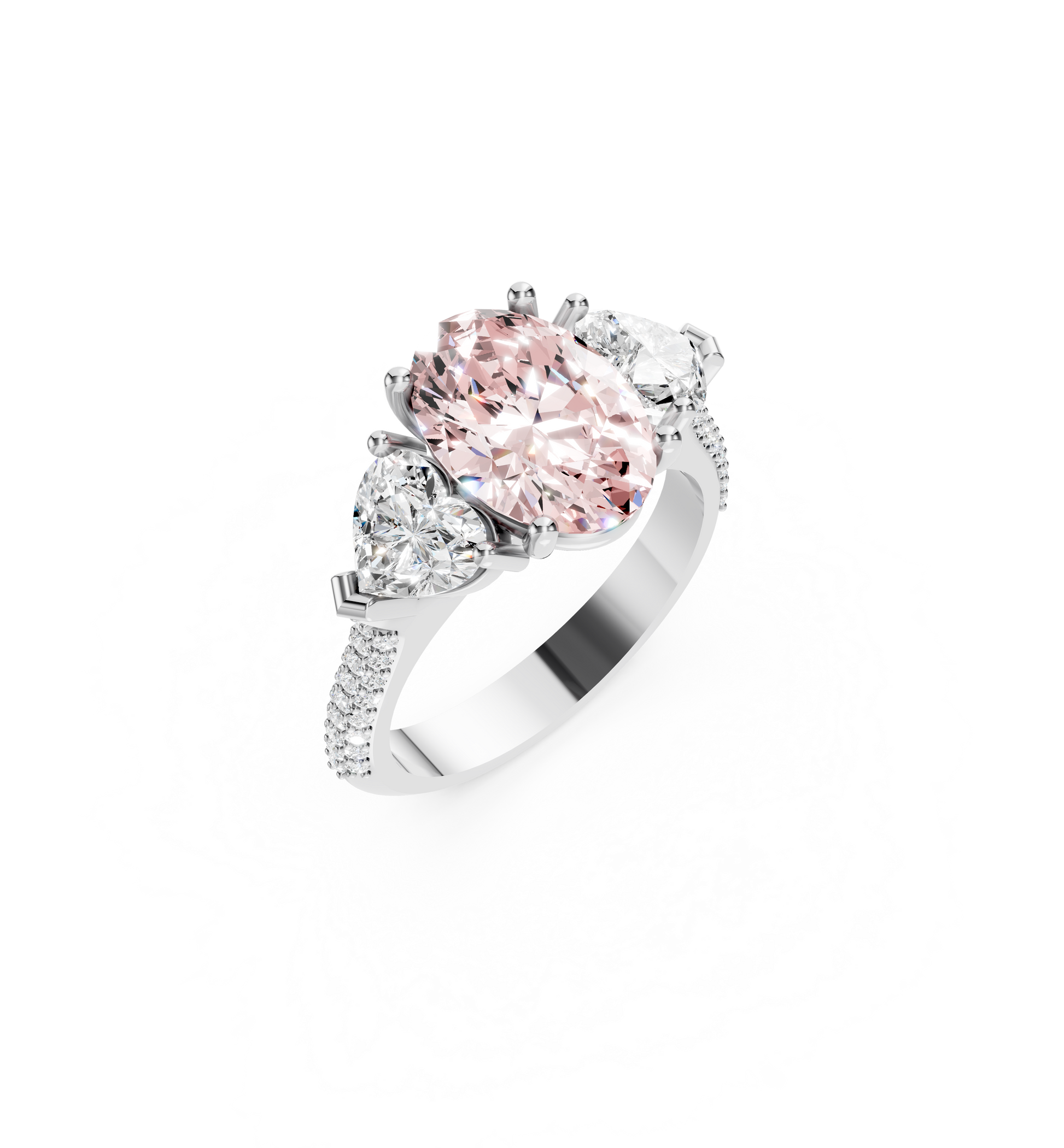 Bespoke 2.01ct oval lab-grown fancy intense pink diamond trilogy engagement ring with heart-cut diamond side stones on a tapered pavé 18K white gold band