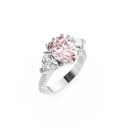Bespoke 2.01ct oval lab-grown fancy intense pink diamond trilogy engagement ring with heart-cut diamond side stones on a tapered pavé 18K white gold band