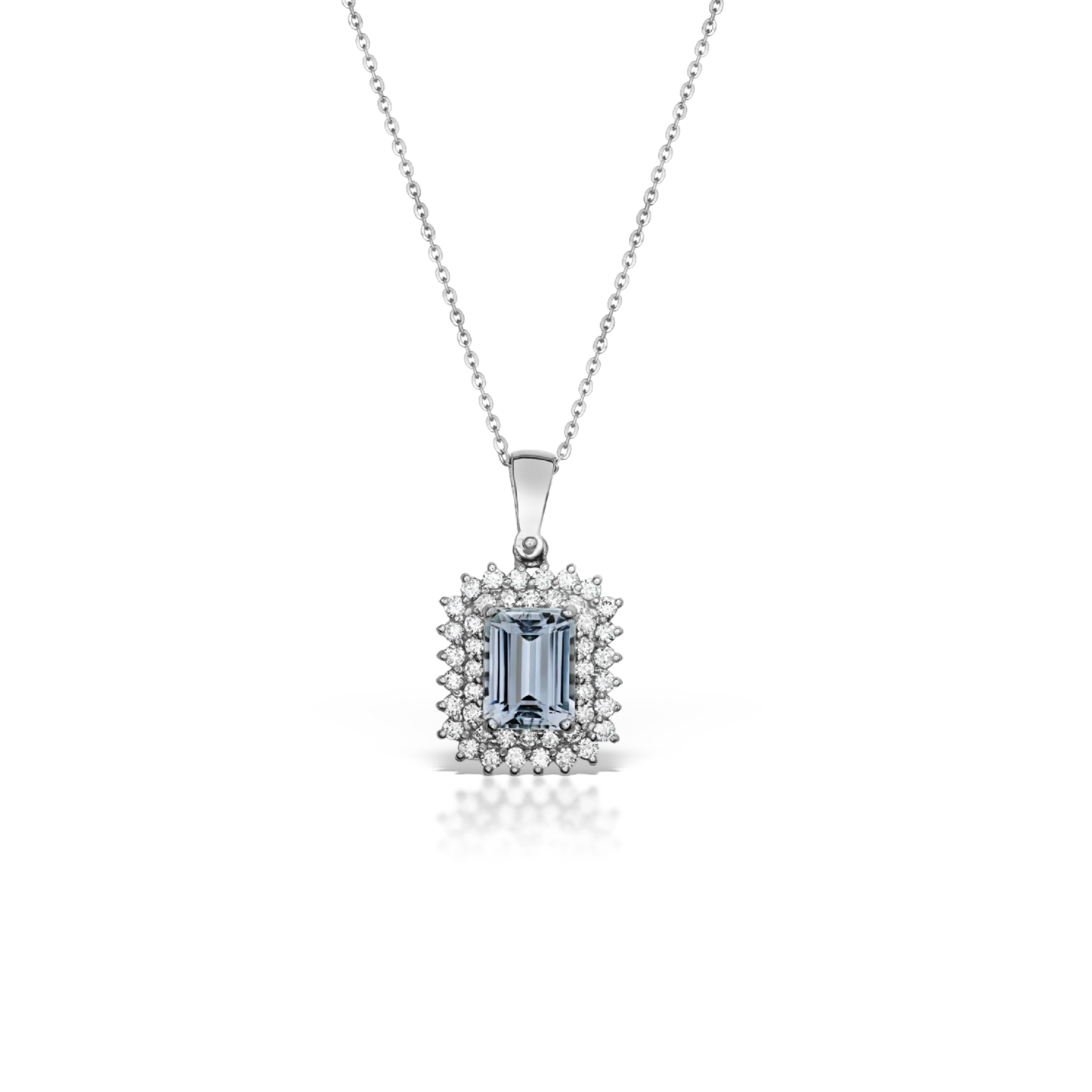 White Gold Aquamarine and Diamond Halo Pendant Necklace