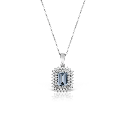 White Gold Aquamarine and Diamond Halo Pendant Necklace