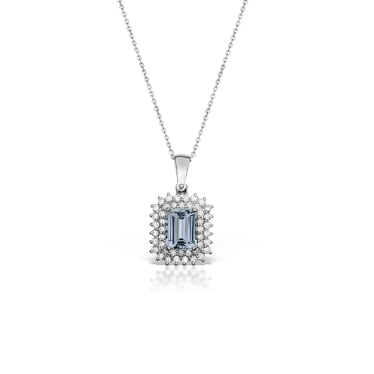 White Gold Aquamarine and Diamond Halo Pendant Necklace