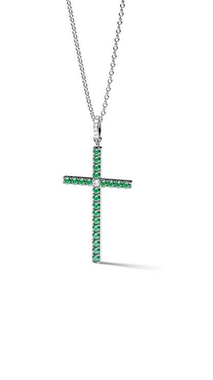 White Gold Cross Pendant with Emeralds