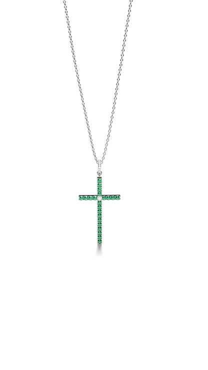 White Gold Cross Pendant with Emeralds