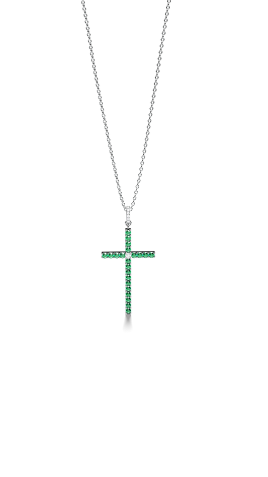 White Gold Cross Pendant with Emeralds
