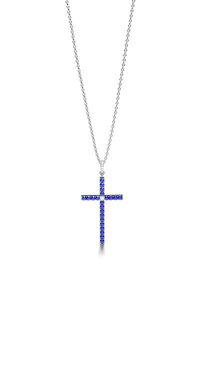 White Gold Cross Pendant with Emeralds