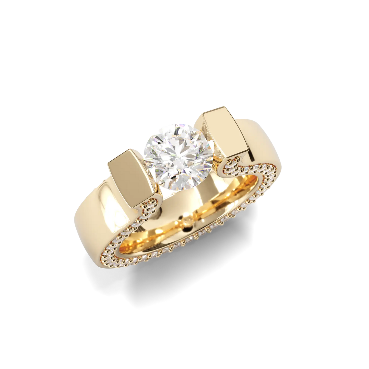 Yellow Gold Pavé Diamond Solitaire Ring