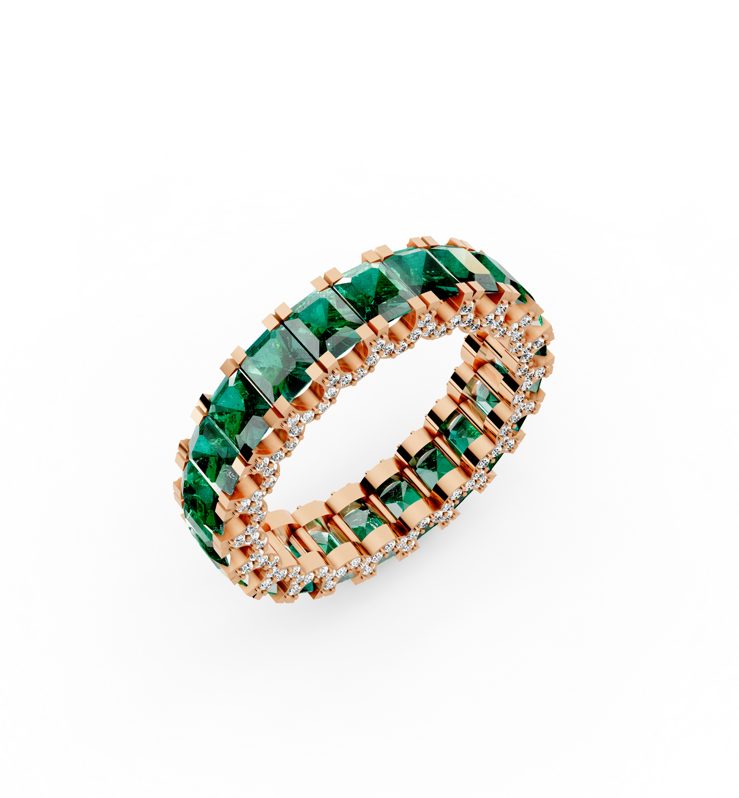 Olympia full eternity band featuring a continuous circle of vivid natural Brazilian emeralds bordered by two rows of brilliant diamonds in 18kt gold.