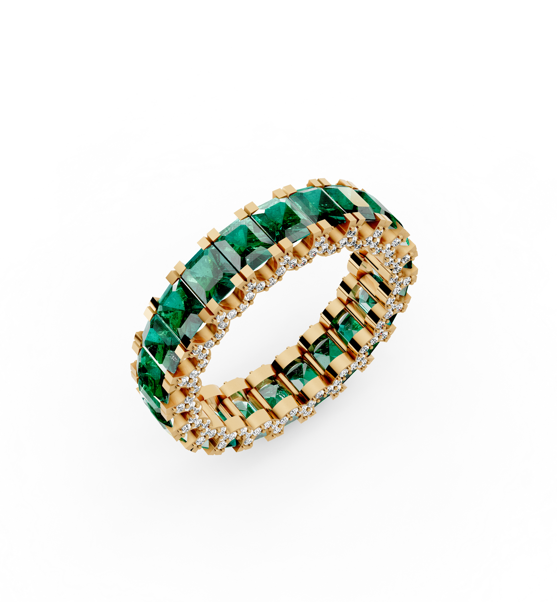 Olympia full eternity band featuring a continuous circle of vivid natural Brazilian emeralds bordered by two rows of brilliant diamonds in 18kt gold.