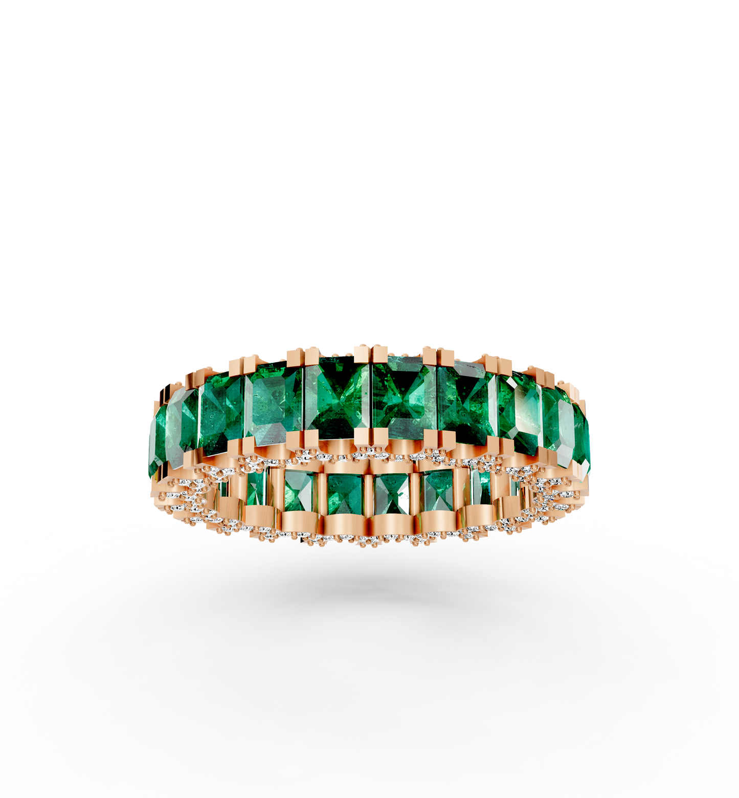 Olympia full eternity band featuring a continuous circle of vivid natural Brazilian emeralds bordered by two rows of brilliant diamonds in 18kt gold.