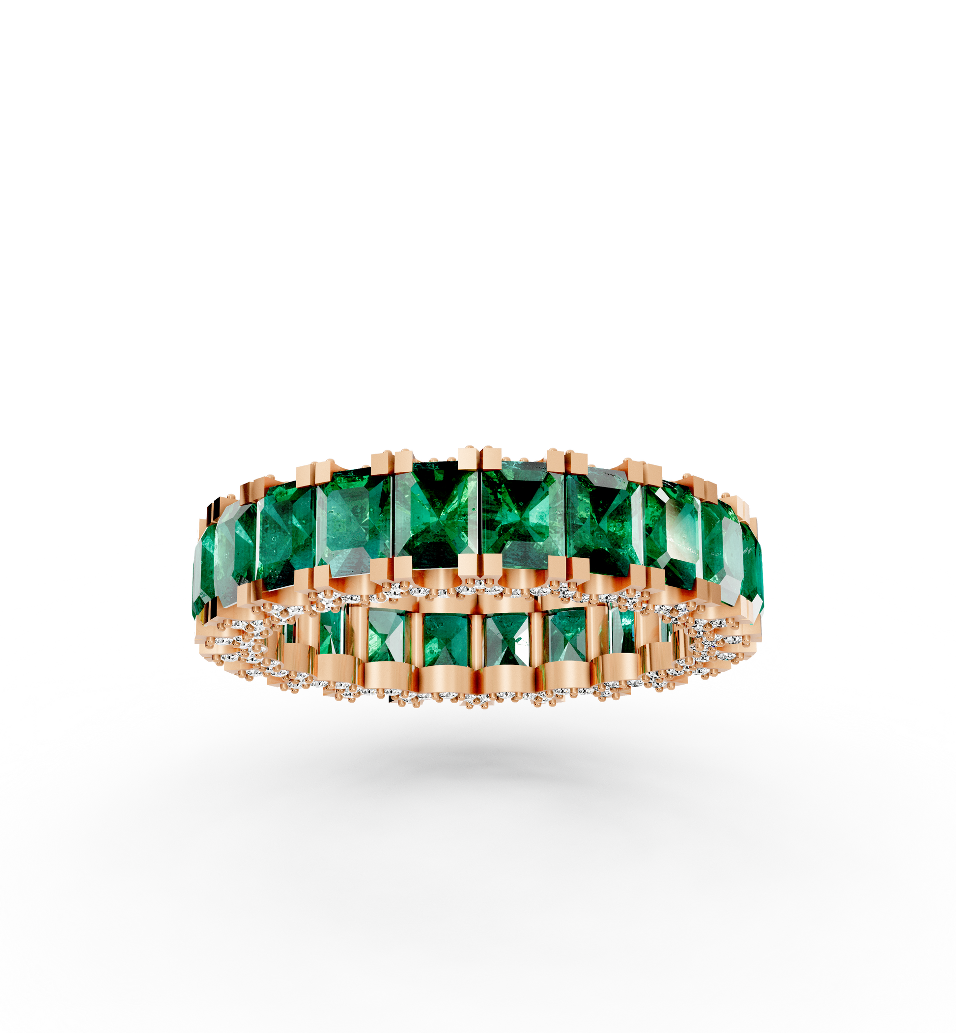 Olympia full eternity band featuring a continuous circle of vivid natural Brazilian emeralds bordered by two rows of brilliant diamonds in 18kt gold.