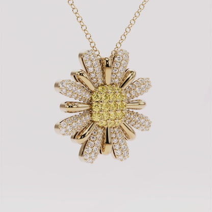 Yellow & White Diamond Daisy Pendant Necklace