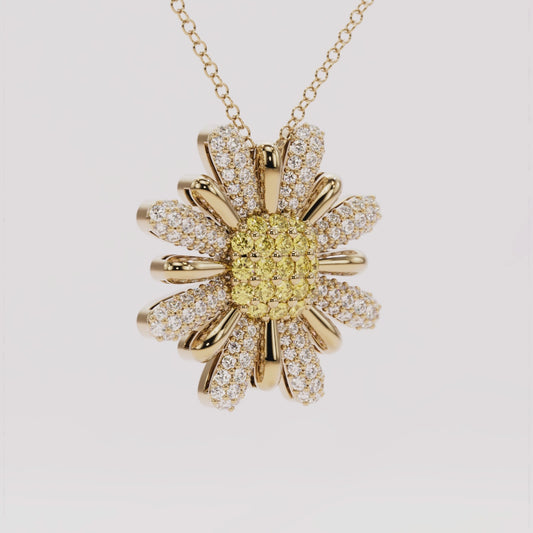 Yellow & White Diamond Daisy Pendant Necklace