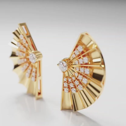 Yellow Gold Fan-Shaped Earrings with Diamonds