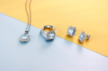 White Gold Aquamarine and Diamond Halo Pendant Necklace