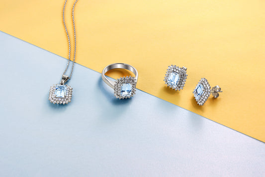 White Gold Aquamarine and Diamond Halo Pendant Necklace